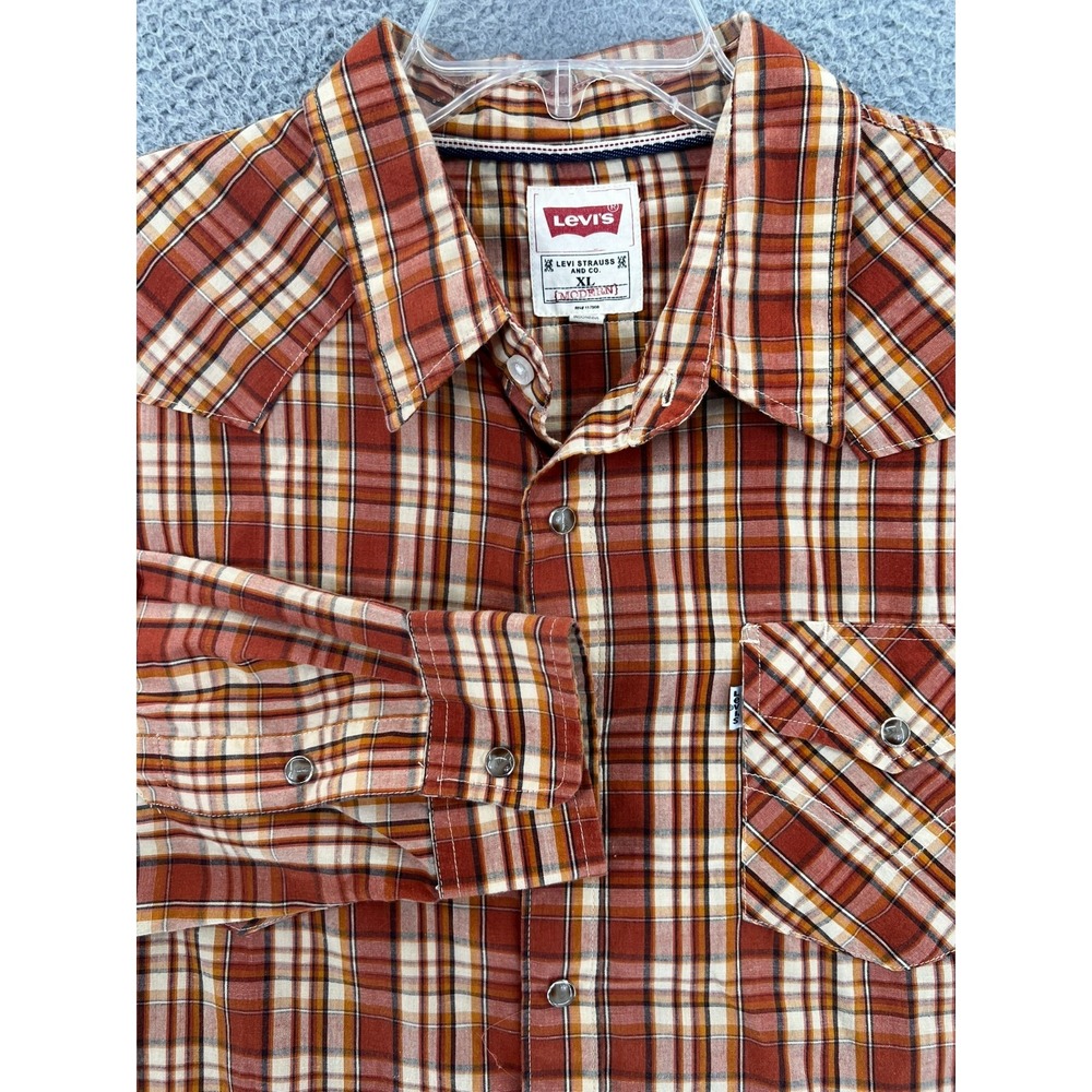 Levi Strauss Western Shirt Adult Extra Large Rust Plaid Pearl Snap Modern Fit LS